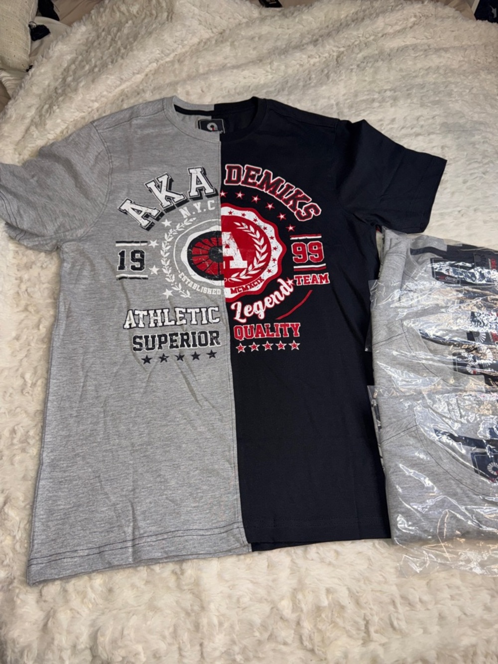 Split Gray & Black Graphic Tee with Red Accent